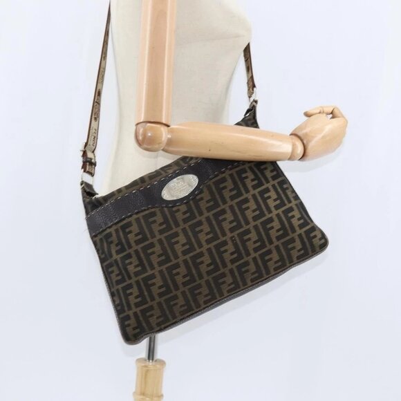 FENDI Zucca Canvas Celeria Shoulder Bag Black Brown Auth 150078 - Picture 1 of 16